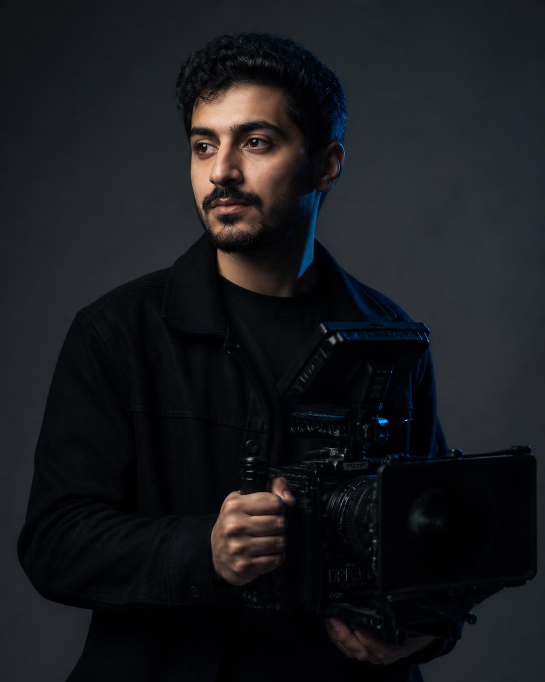 Portrait of Abdul Samad Rahimi holding a cinema camera