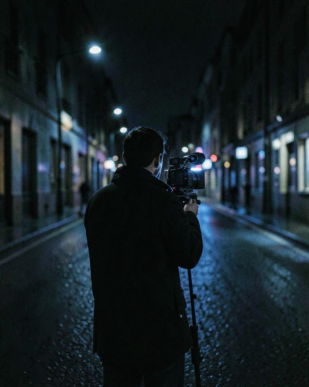 Filming on location at night